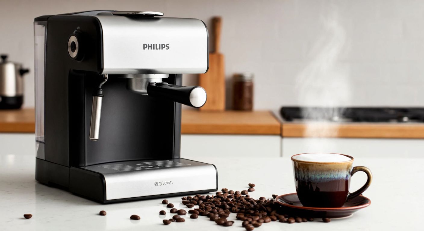 A sleek silver Philips espresso machine sits on a Turkish kitchen counter, steaming with rich coffee aroma, surrounded by scattered coffee beans and a frothy latte in a traditional ceramic cup.
