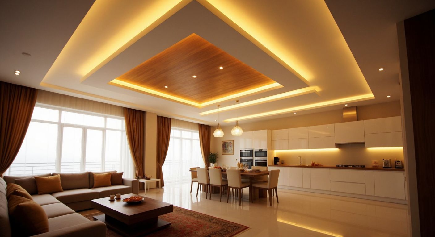 A warm, well-lit Turkish living room with a high wooden ceiling, a modern alçıpan ceiling in a sleek white kitchen, and a glossy PVC ceiling in a bright bathroom, showcasing the variety of ceiling designs.