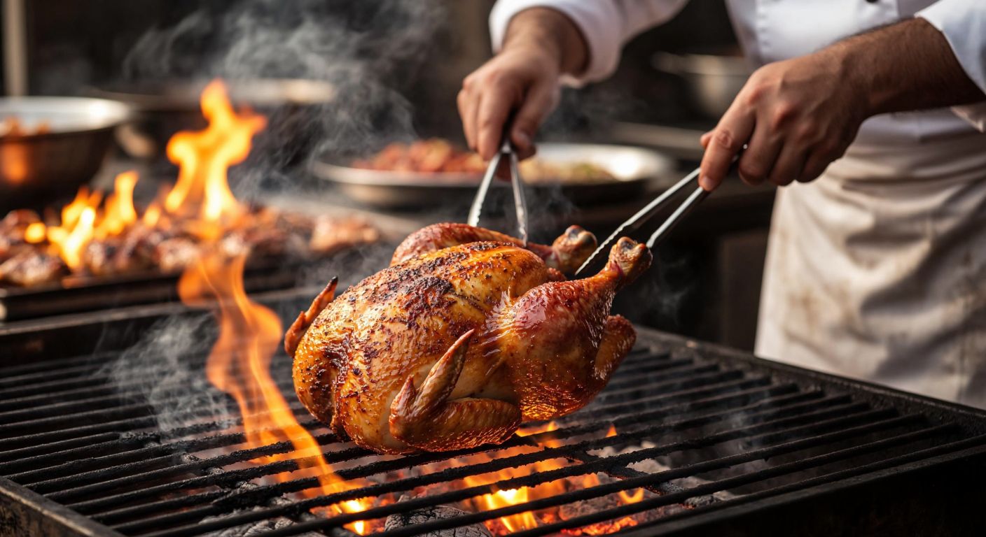 A golden-brown chicken sizzling on a charcoal grill, surrounded by glowing embers, with a Turkish chef in a white apron carefully turning the meat with tongs, steam rising into the warm evening air.