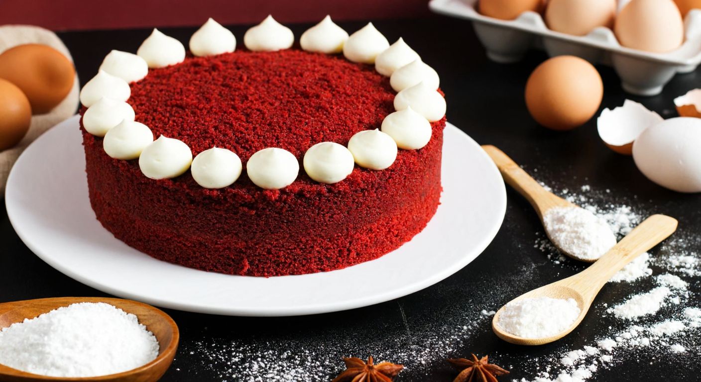 A vibrant Turkish kitchen scene with a freshly baked red velvet sponge cake layered with creamy white pastry cream, topped with dollops of whipped cream, surrounded by scattered ingredients like eggs, flour, and sugar, and a wooden spoon resting nearby.
