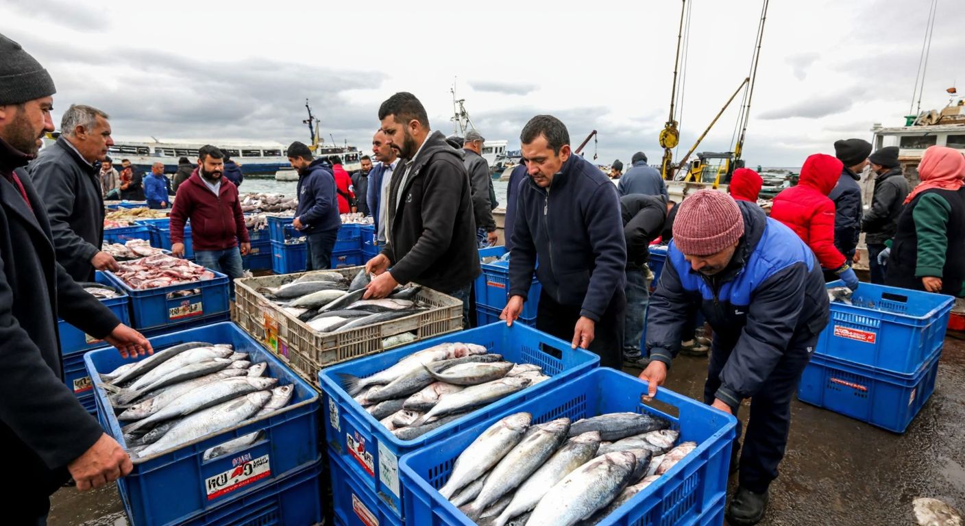 A bustling Mersin fish market in autumn, with fishermen unloading crates of fresh, glistening fish like lüfer and palamut, while locals in warm clothing inspect the catch under a cloudy sky.