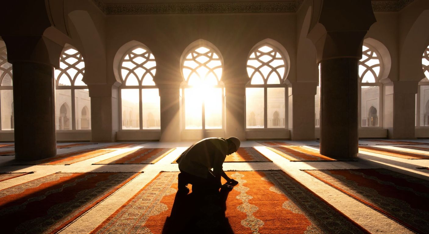 A serene mosque interior with sunlight streaming through arched windows, casting soft geometric patterns on the prayer rugs, where a kneeling worshipper adjusts their position slightly towards the qibla direction.