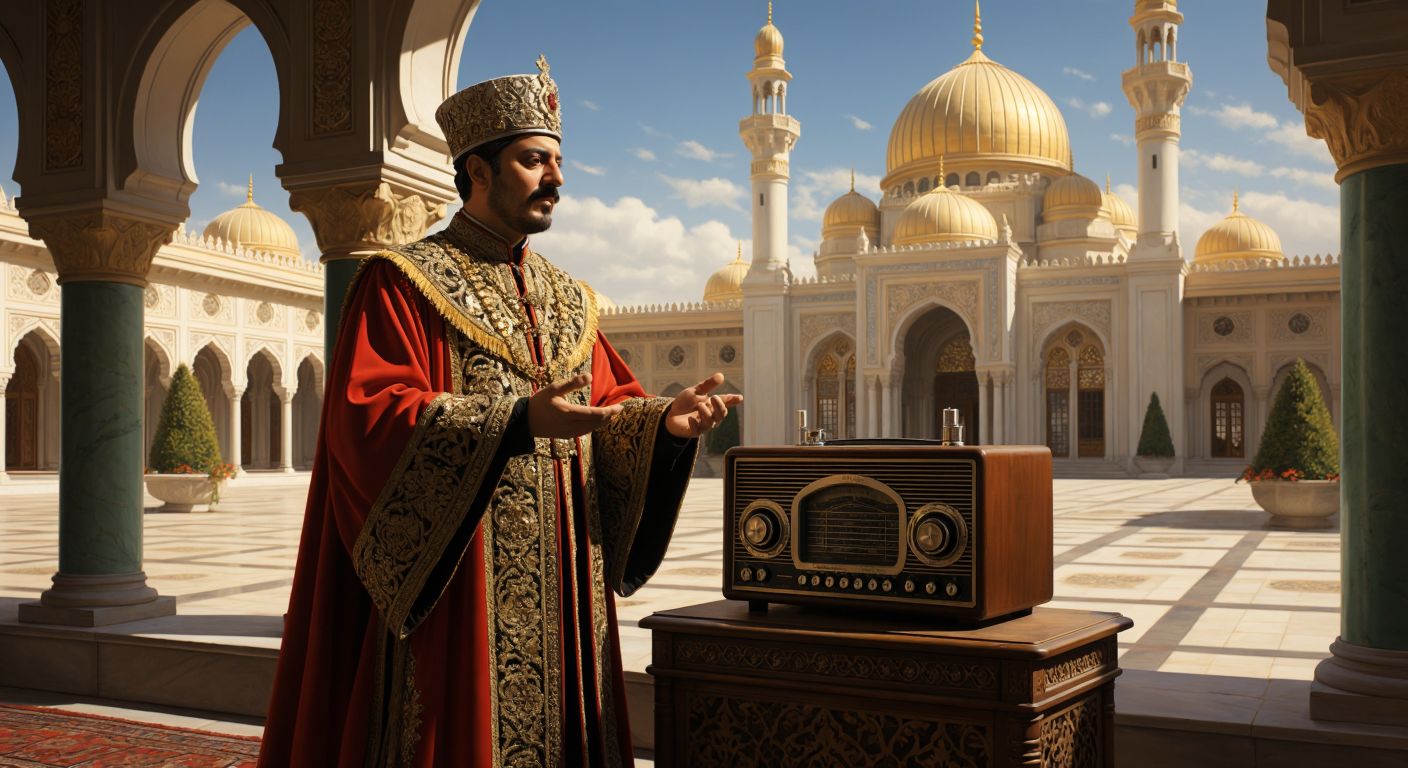 A regal figure in a ceremonial robe stands beside an old-fashioned radio playing Turkish arabesk music, set against a backdrop of a grand palace courtyard.