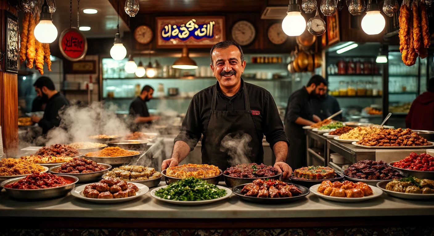 A warm, bustling Turkish restaurant with Mustafa Sarıoğlu, a middle-aged man with a proud smile, standing behind a counter filled with steaming plates of traditional dishes like kebabs and baklava, surrounded by happy customers and the rich aroma of spices.