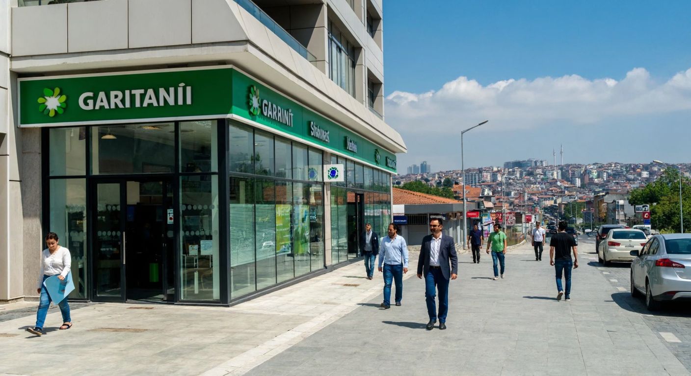 A modern Garanti Bankası branch with glass facades and a blue logo awning, nestled on a bustling street in Şeyhli Mahallesi, with pedestrians walking past and a distant view of Istanbul’s urban skyline.