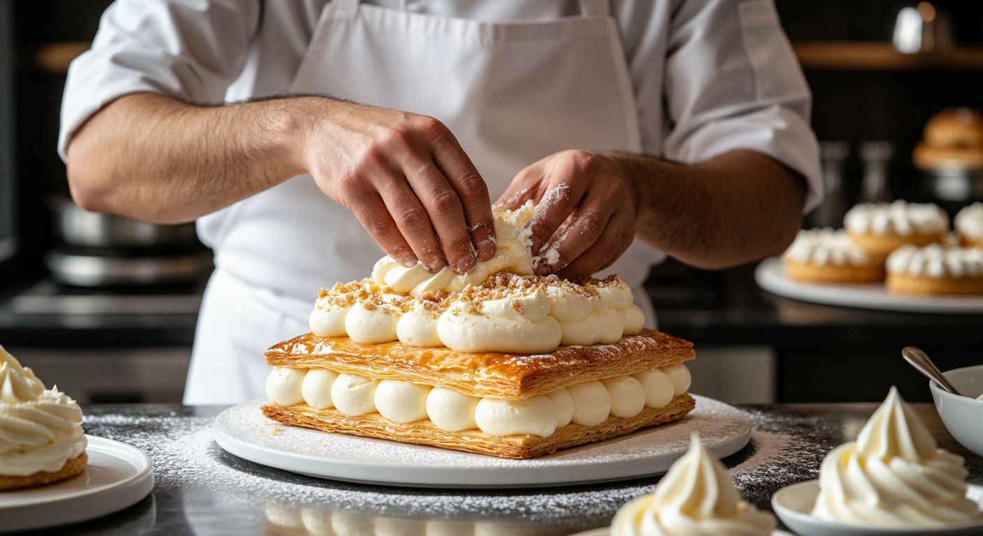A Turkish pastry chef in a white apron carefully layers thick, golden pastry cream on one side of a dessert and fluffy, whipped diplomat cream on the other, highlighting their contrasting textures.