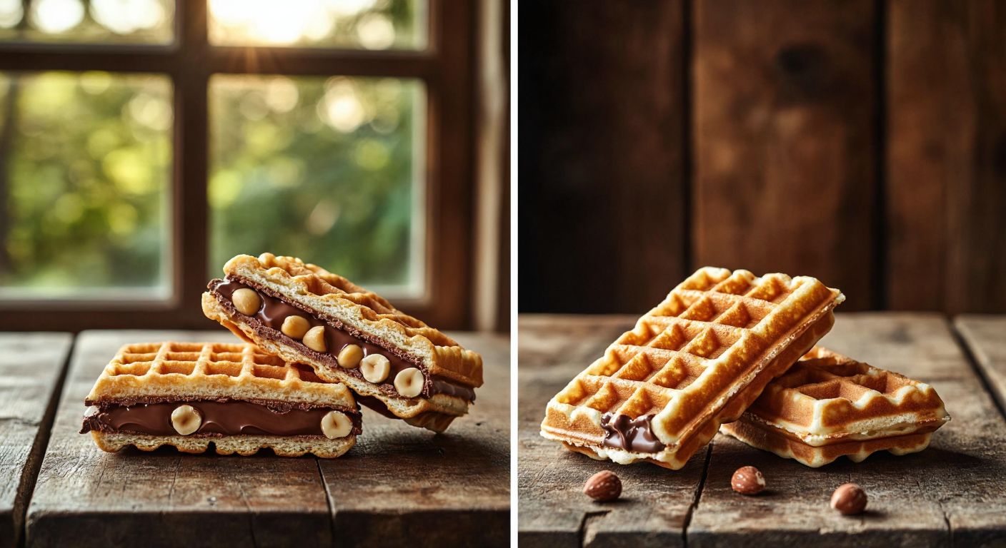 A split image showing two golden-brown waffle snacks side by side—one filled with hazelnut chocolate cream (Hanuta) and the other with peanut-studded cocoa cream (Bidolu)—on a rustic wooden table in Turkey, with a warm, inviting glow from sunlight filtering through a nearby window.