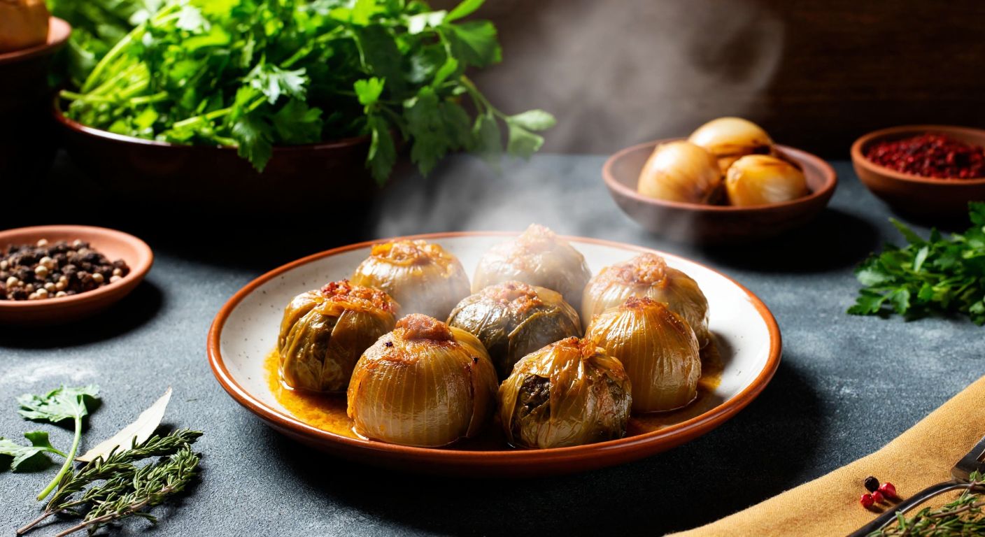 A rustic Turkish kitchen with golden-brown onion dolmas steaming on a ceramic plate, surrounded by fresh herbs and spices, evoking the rich culinary heritage of Anatolia.