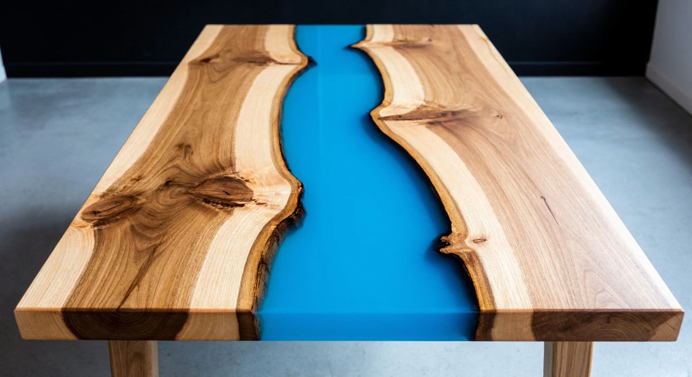 A wooden tabletop split into two halves—one side coated in glossy, transparent varnish revealing the natural wood grain, and the other painted with vibrant blue opaque paint, hiding the texture beneath.