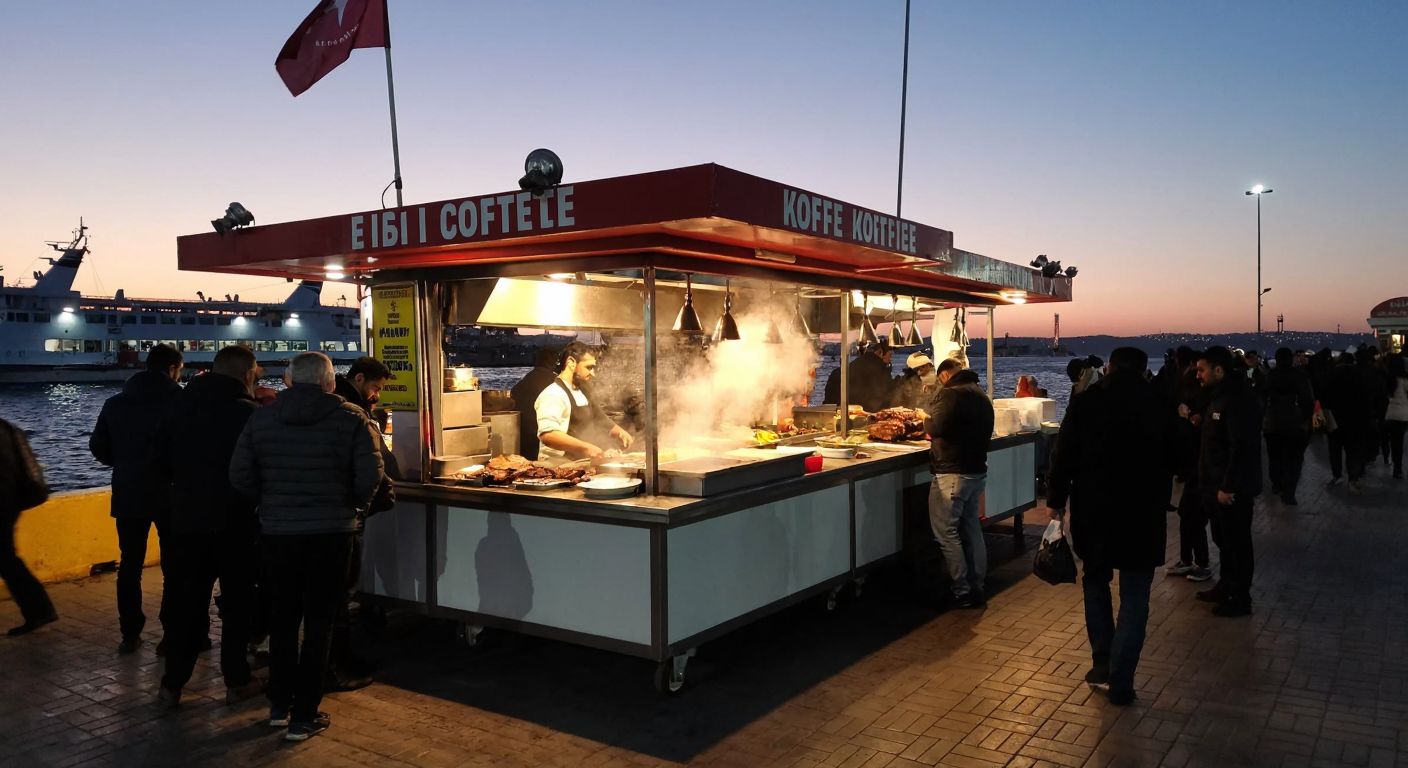 A bustling ferry terminal in Pendik with a small, lively köfteci stall emitting savory smoke, surrounded by hungry travelers and the scent of grilled meat.