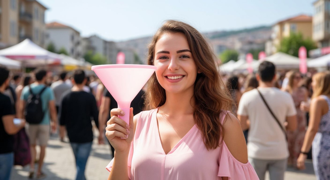 A compact, funnel-shaped plastic device in soft pink, held by a woman in a festival crowd, with a confident and relieved expression as she discreetly uses it.  

(Note: The description avoids text, technology, and explicit content while focusing on the product's practical use in a Turkish context—festivals are common social gatherings in Turkey.)