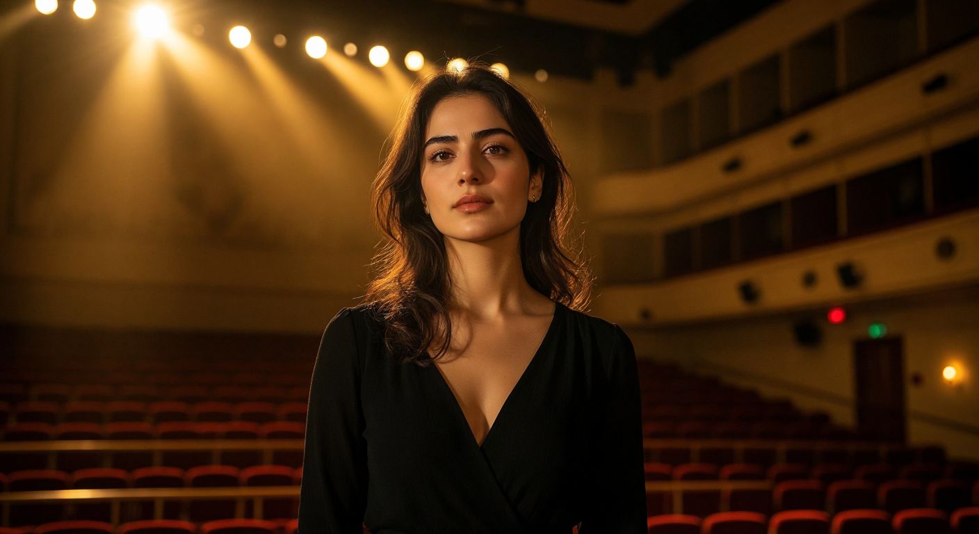 A confident Turkish woman with expressive eyes stands on a theater stage, wearing a simple black outfit, bathed in warm spotlight, with the silhouette of a grand university building in the background.