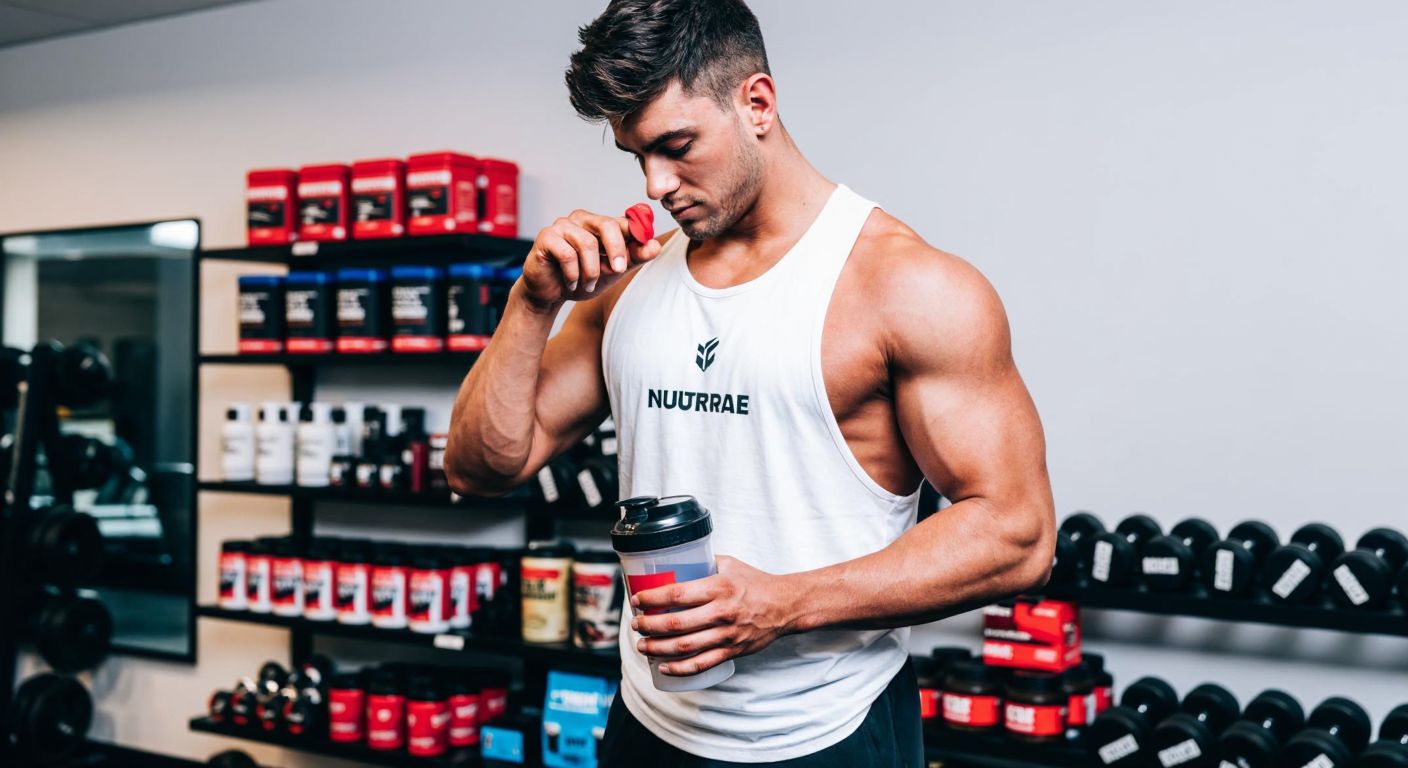 A muscular athlete in a modern German gym holding a Nutrade-branded protein shaker, with shelves of sports nutrition products in the background.