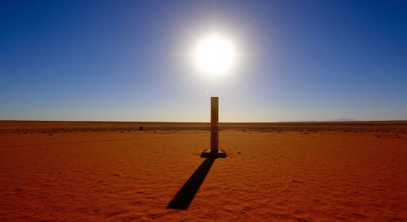 A glowing sun directly overhead casts no shadow on a vast, sunlit desert landscape with a clear horizon line, representing the Tropic of Capricorn's unique solar alignment.