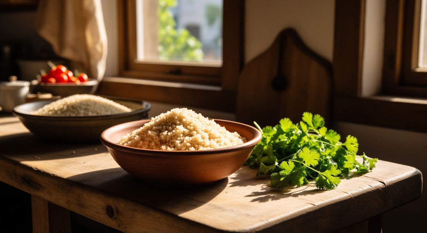 A rustic wooden table in a Turkish kitchen holds a bowl of fluffy quinoa and a small bunch of fresh cilantro, with warm sunlight streaming through a window.