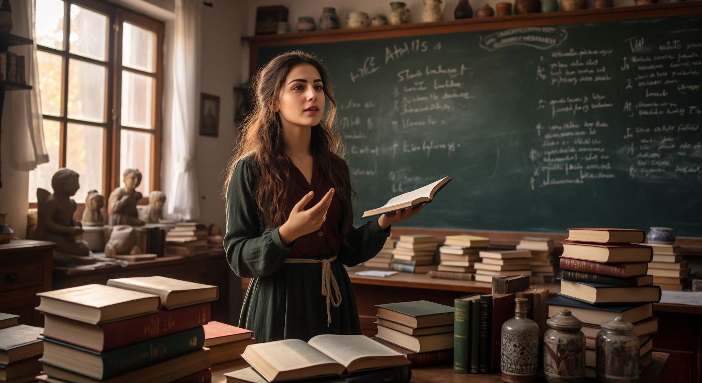 A young Turkish woman in a classroom passionately teaching students about literature, surrounded by stacks of books and a blackboard covered in poetic verses.