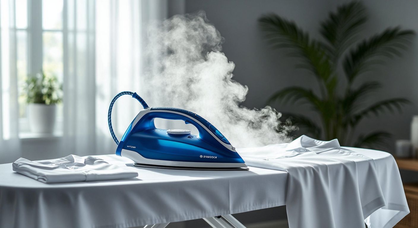 A sleek blue steam iron with a ceramic base glides smoothly over a crisp white shirt on an ironing board, emitting a gentle cloud of steam in a sunlit Turkish home.