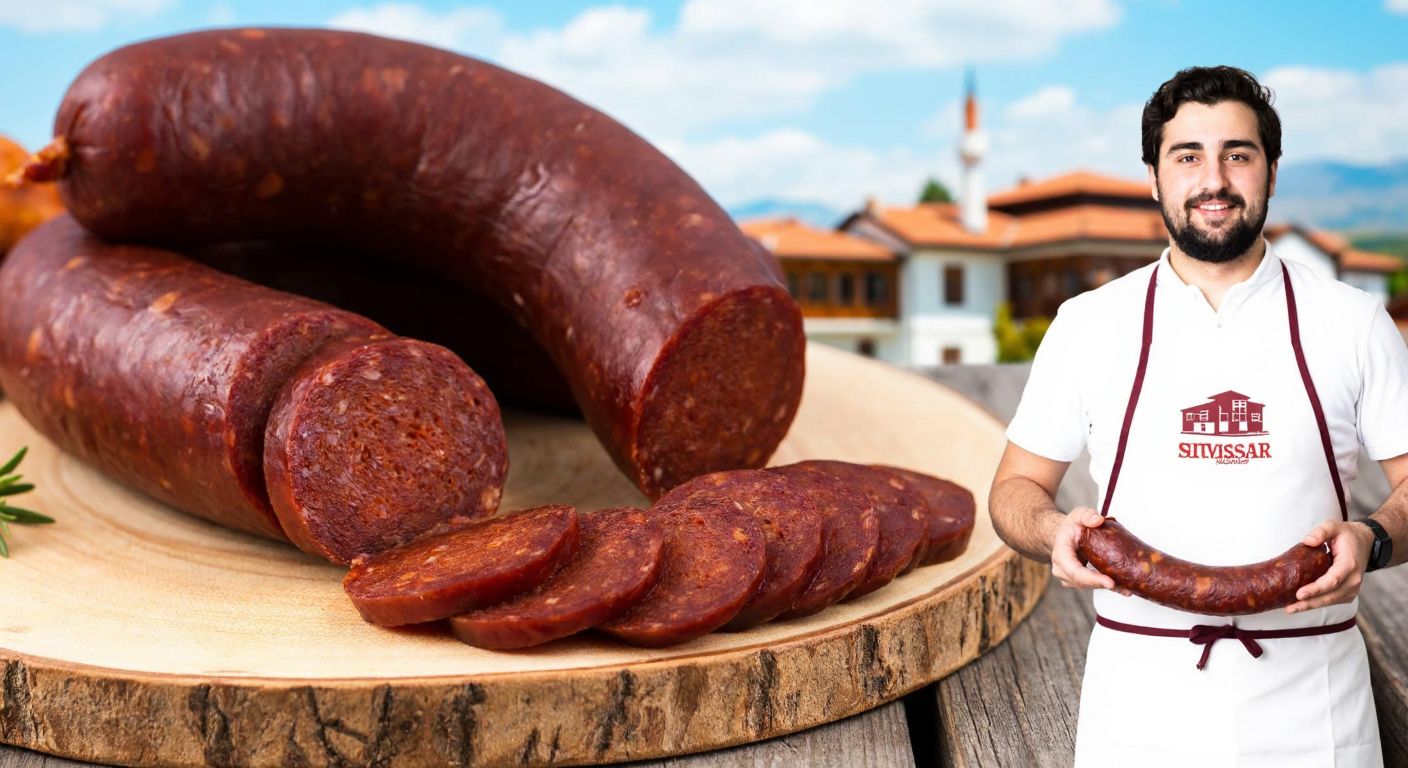 A close-up of juicy, dark-red Sivrihisar dövme sucuk slices arranged on a rustic wooden plate, with a traditional Turkish village backdrop and a butcher in an apron proudly holding a freshly made sausage.