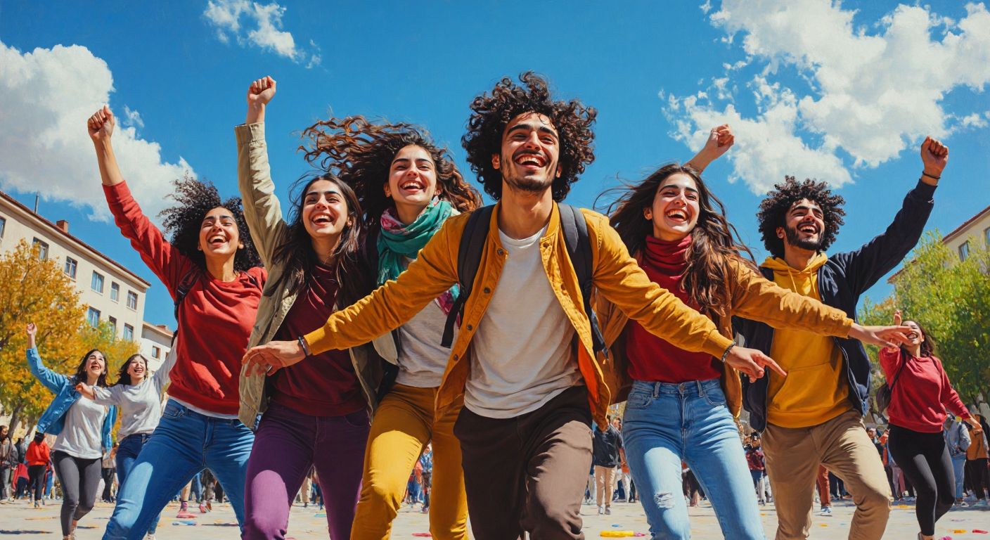 A group of diverse university students in Ankara, smiling and engaged in various activities—playing sports, painting, attending a seminar, and celebrating at a spring festival under a bright blue sky.