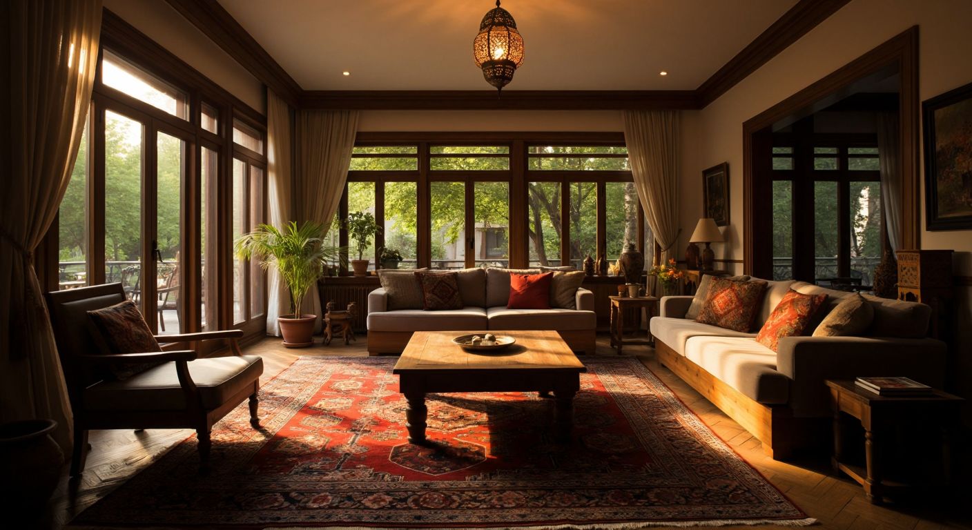 A warm Turkish living room softly illuminated by recessed spotlights of varying brightness, casting cozy pools of light on a traditional kilim rug and wooden furniture.