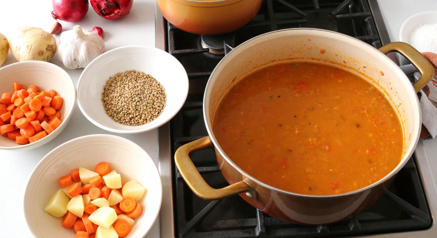 A warm Turkish kitchen with a pot of simmering lentil soup on the stove, surrounded by bowls of rinsed lentils, spices like cumin and ginger, and chopped vegetables like carrots and potatoes.