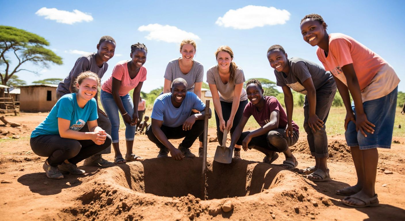 A diverse group of volunteers in casual clothing, smiling warmly as they dig a well under the bright African sun, surrounded by curious local children and villagers.