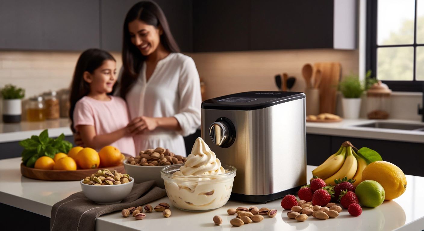 A sleek, modern ice cream maker sits on a Turkish kitchen counter, surrounded by fresh ingredients like pistachios, honey, and seasonal fruits, with a smiling family eagerly watching as creamy gelato swirls inside the transparent bowl.