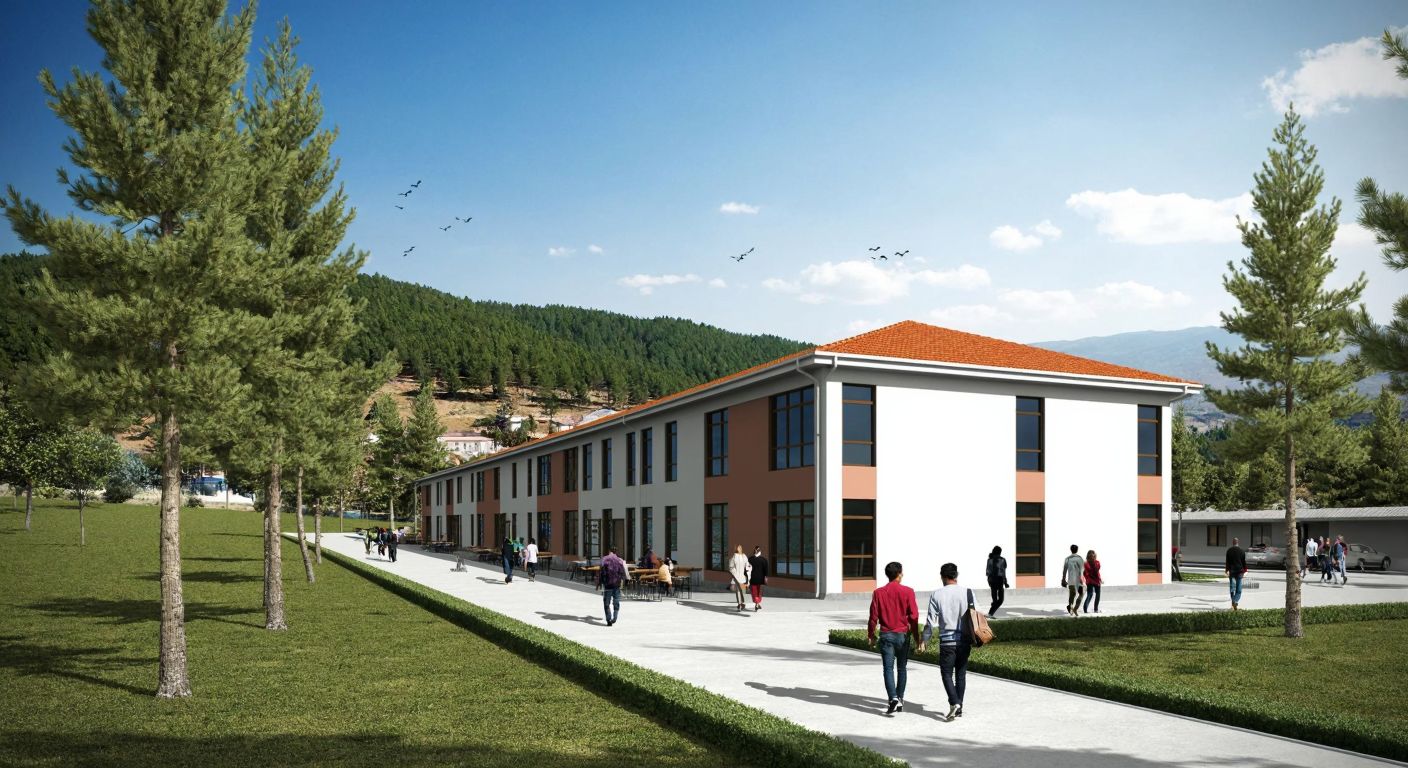 A modern vocational school building with a red-tiled roof, surrounded by the rural landscape of Huğlu village in Konya, with students walking along a tree-lined path under a clear blue sky.