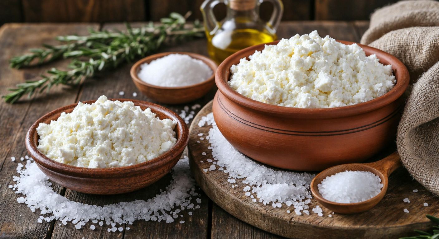 A rustic Turkish kitchen with a wooden table covered in fresh goat milk, a clay bowl of curd cheese, and a leather pouch filled with layered cheese, surrounded by scattered salt crystals and a drizzle of golden olive oil.
