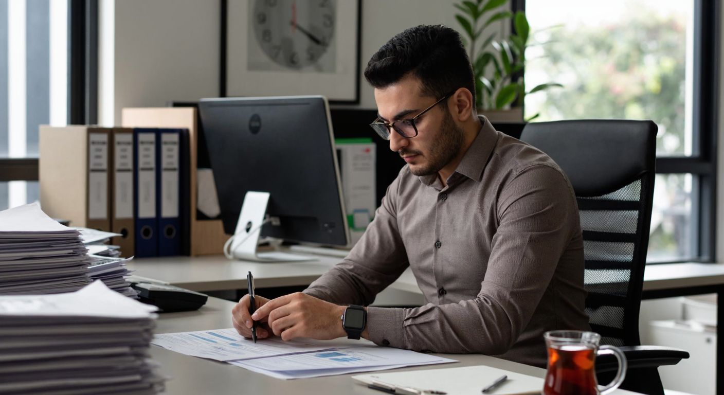 A focused Turkish accountant in a modern office, wearing glasses and a button-up shirt, carefully reviewing financial documents on a desk with a computer monitor displaying Luca software, surrounded by stacks of neatly organized folders and a steaming cup of Turkish tea.