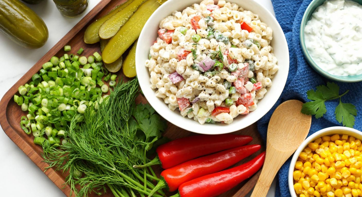 A vibrant Turkish kitchen counter displays a colorful bowl of yogurt-barley pasta salad, surrounded by fresh ingredients like chopped green onions, pickles, roasted red peppers, peas, corn, and a sprig of dill, with a wooden spoon resting beside it.