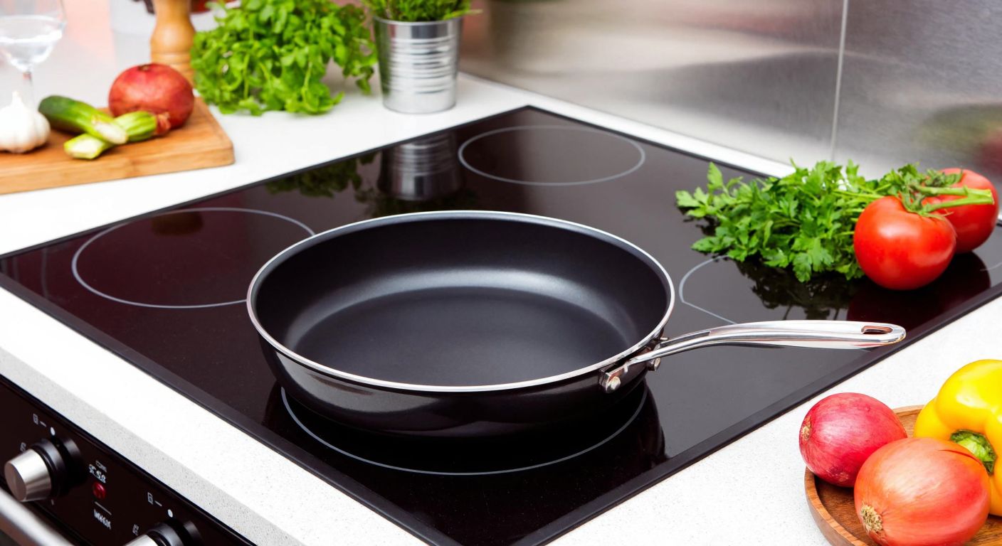 A sleek black induction-compatible sauté pan with a shiny metal surface sits on a modern stovetop in a Turkish kitchen, surrounded by fresh vegetables and herbs.