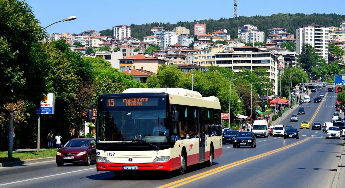 A red and white İETT bus with the number "15F" on its front drives along a bustling Istanbul street, passing between the green hills of Beykoz and the urban skyline of Kadıköy.
