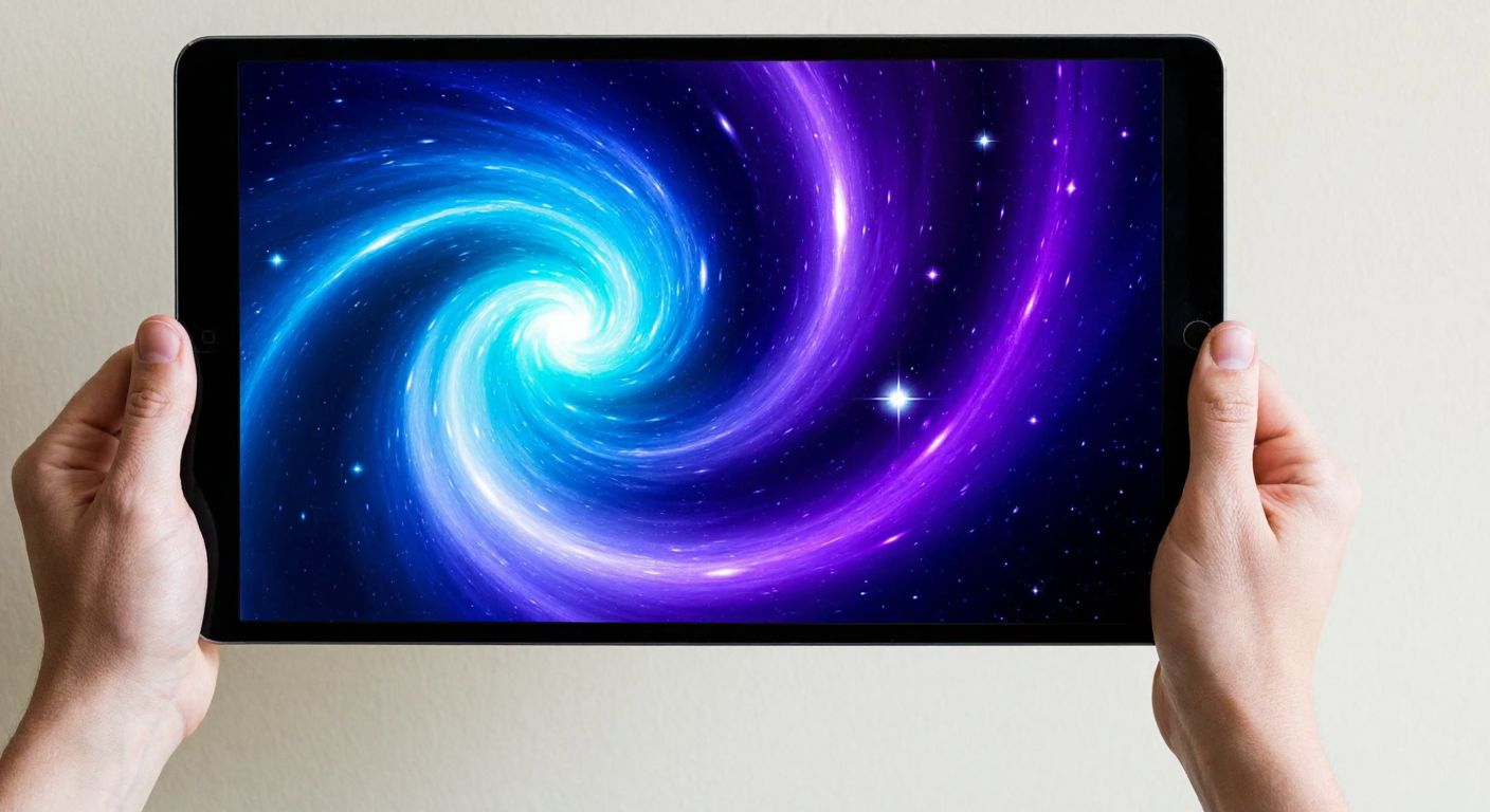 A vibrant, swirling 3D galaxy wallpaper with deep blues, purples, and sparkling stars, displayed on a tablet screen held by a person’s hands against a neutral-toned wall.