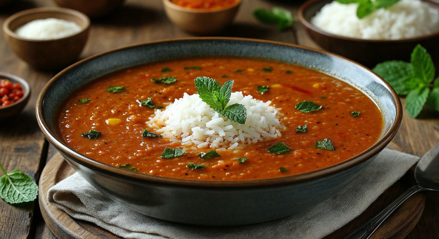 A steaming bowl of Ezogelin soup with plump grains of white rice floating in a rich red lentil broth, garnished with fresh mint leaves and a drizzle of melted butter, set on a rustic wooden table in a cozy Turkish kitchen.