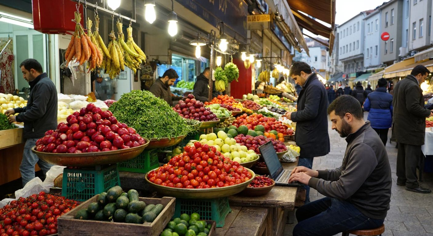 A bustling Turkish marketplace with vendors weighing fresh produce on old-fashioned scales, while a researcher nearby types on a laptop, contrasting traditional and modern data collection methods.