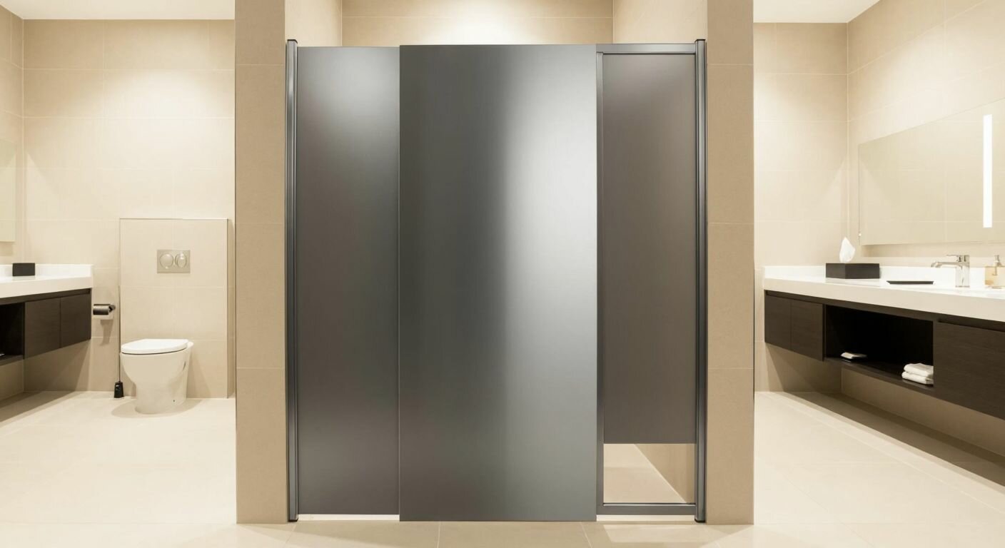 A sleek, modern stainless steel WC partition in a clean, well-lit public restroom with neutral-toned tiles, emphasizing durability, hygiene, and privacy.