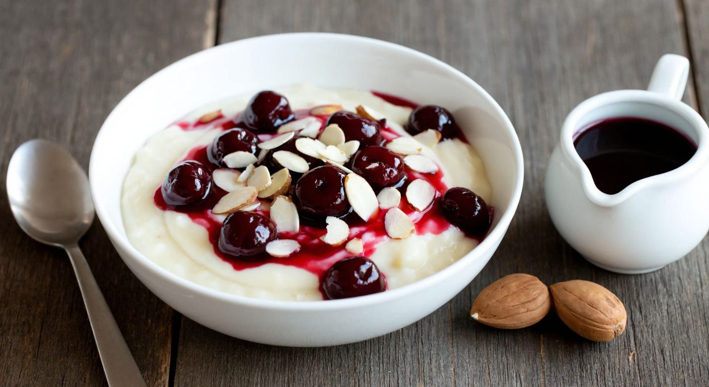 A warm, creamy bowl of *risalamande* topped with glossy cherry sauce and sprinkled with chopped almonds, placed on a rustic wooden table beside a small pitcher of extra sauce and a whole almond.