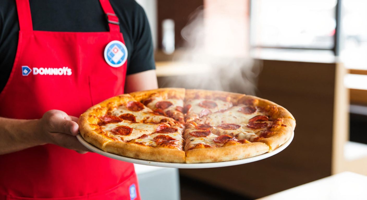 A smiling waiter in a red Domino's Pizza apron holds a freshly baked pizza sliced into six equal pieces, with steam rising and melted cheese stretching between the slices.