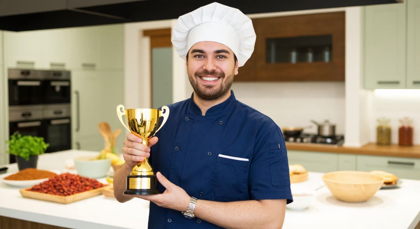 A smiling Onur Üresin in a chef's hat holding a golden trophy, standing in a bright kitchen with Turkish spices and dishes in the background.