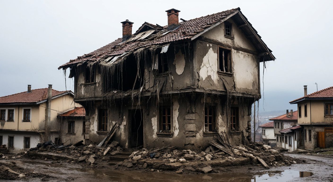 A traditional Turkish house with a damaged, sagging roof, rainwater cascading down its cracked walls, pooling around the eroded foundation, and patches of dark mold creeping up the damp exterior.