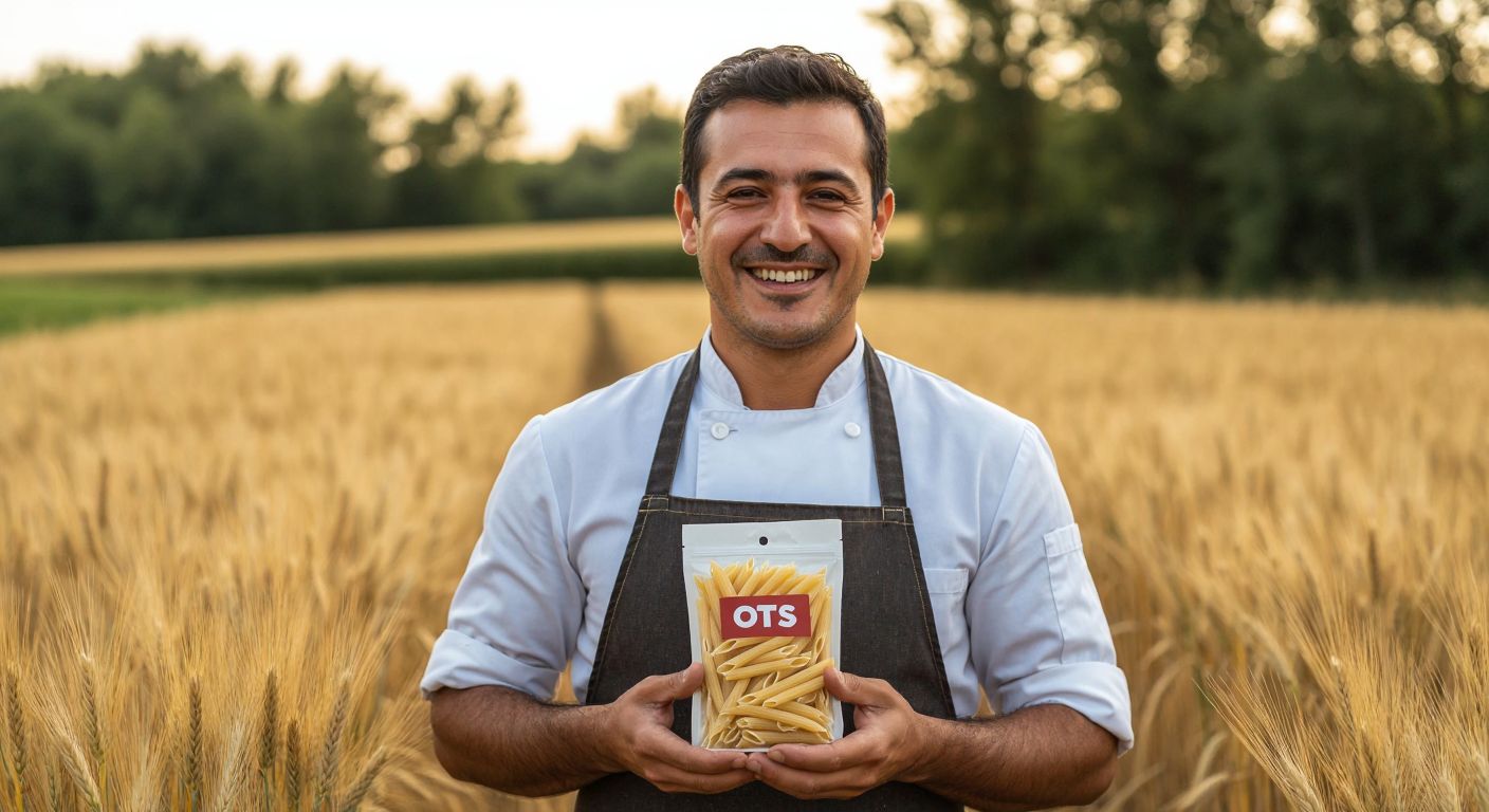 A smiling middle-aged Turkish man with short dark hair, wearing a chef's apron, stands proudly in a sunlit organic wheat field, holding a package of OTS pasta with golden durum wheat stalks framing the scene.