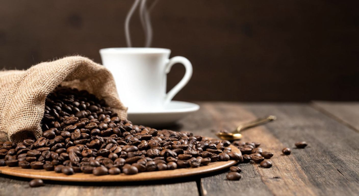 A close-up of aromatic Arabica coffee beans spilling from a burlap sack onto a rustic wooden table in a cozy Turkish café, with steam rising from a freshly brewed cup in the background.
