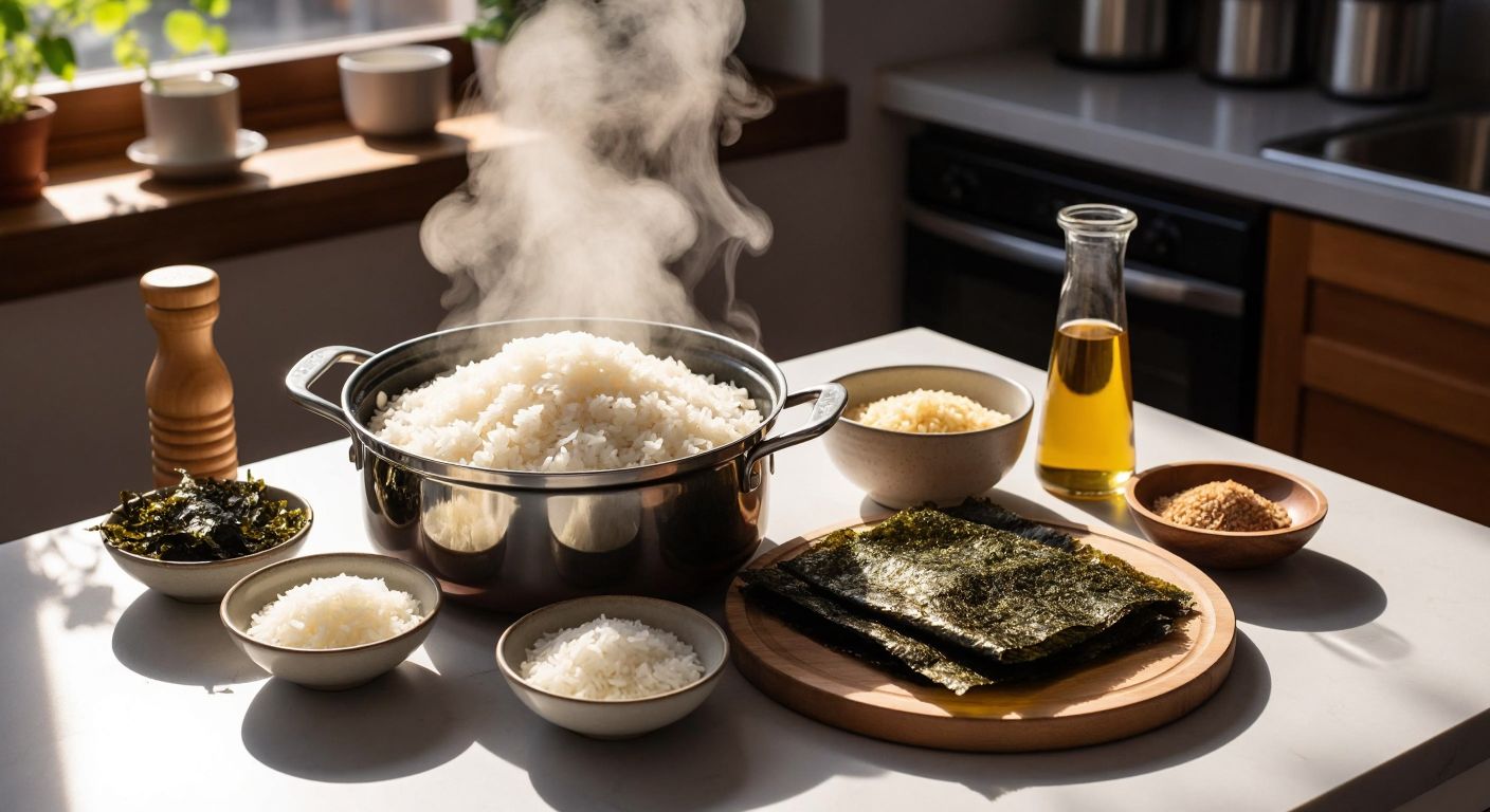 A steaming pot of fragrant rice with dark green seaweed sheets laid beside it, surrounded by small bowls of sesame seeds, vinegar, and spices on a sunlit kitchen counter in Turkey.