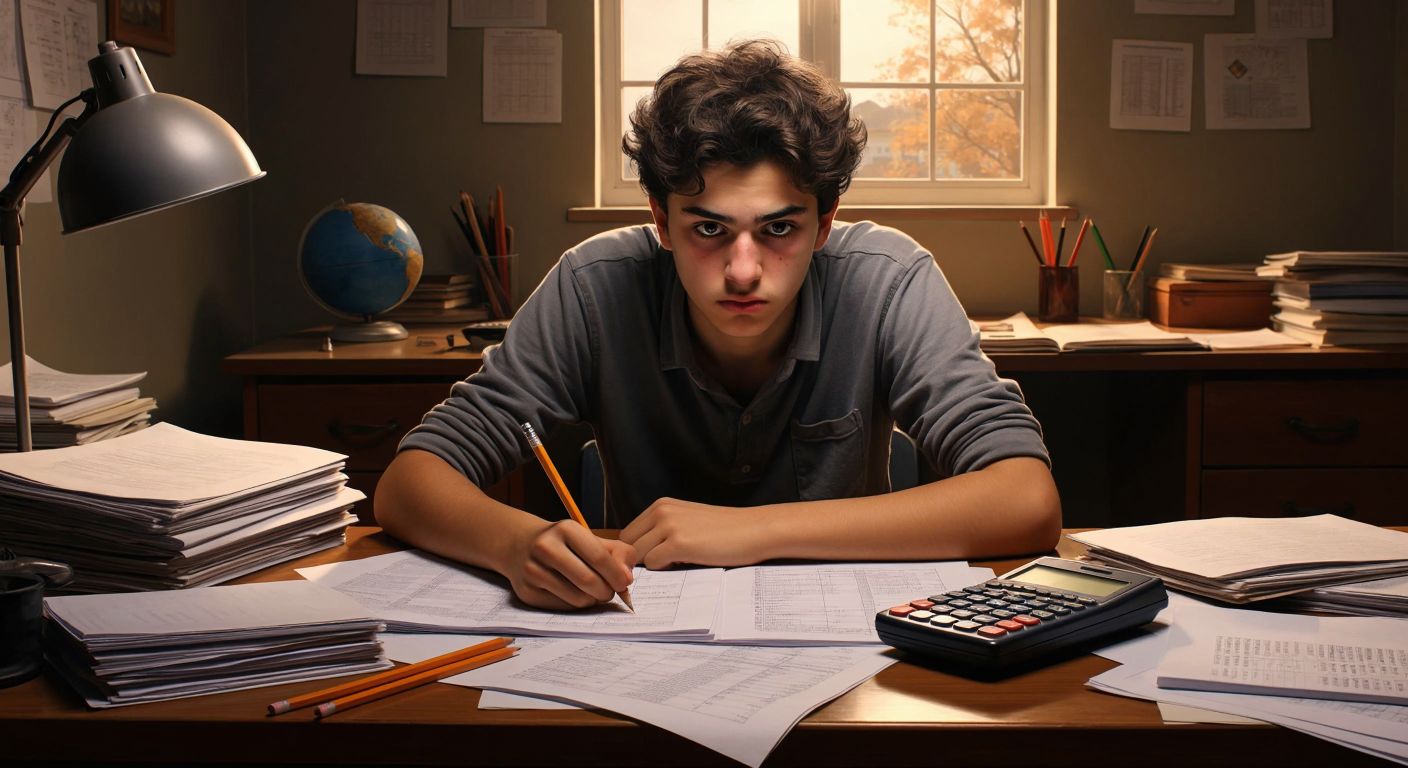 A focused Turkish teenager sits at a wooden desk with scattered test papers, a calculator, and a pencil, their brow furrowed in concentration while tallying marks on an answer sheet.