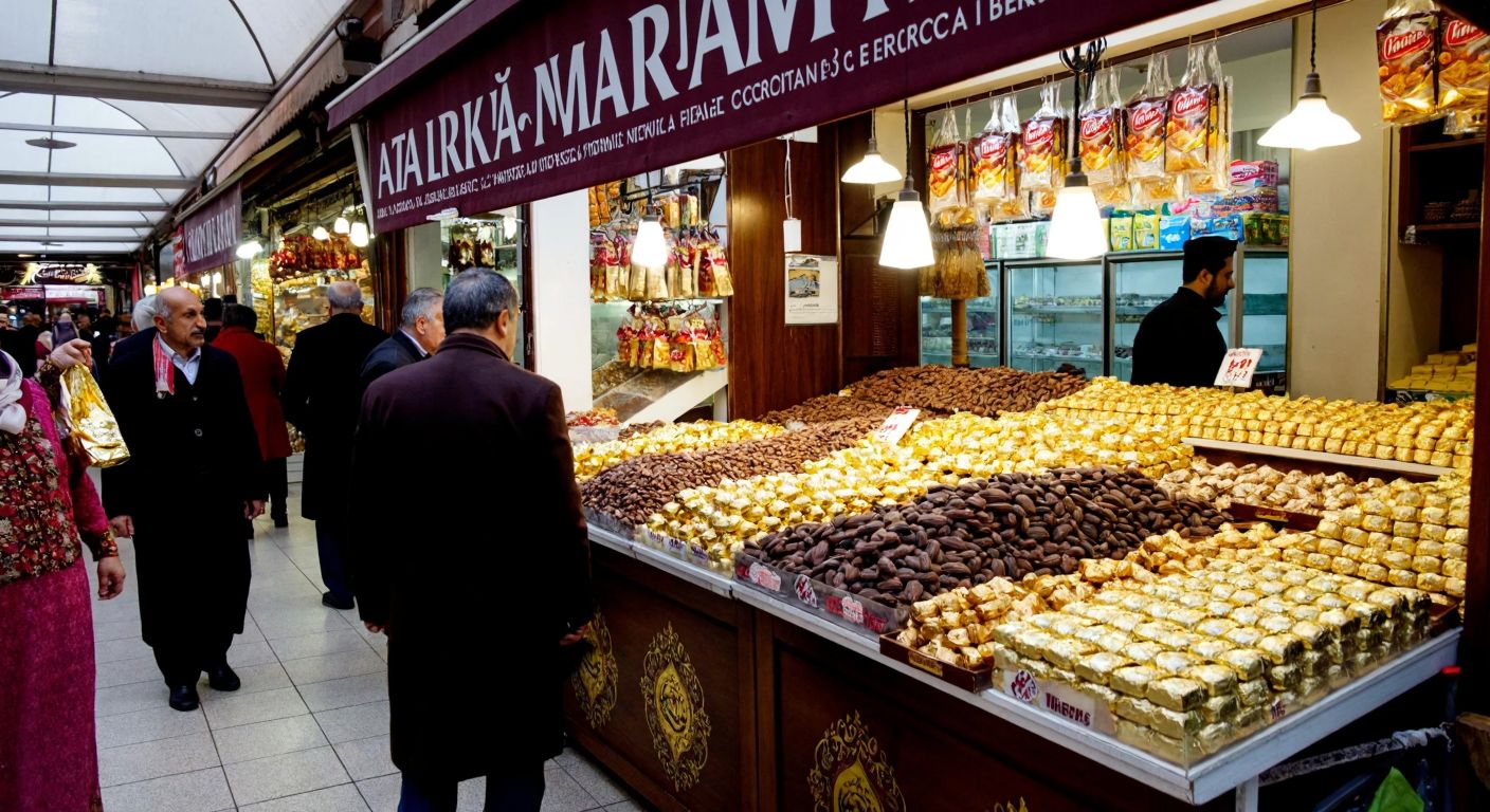 A bustling Turkish marketplace with two distinct stalls—one displaying golden-wrapped chocolates and cocoa beans (Altınmarka) and the other showcasing colorful packaged biscuits and snacks (Ülker)—while vendors in traditional attire engage with curious customers.