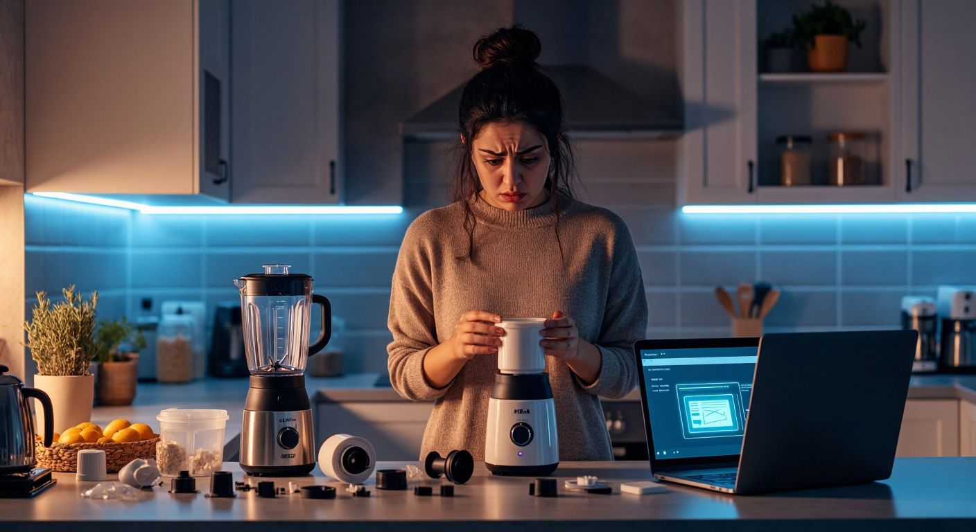 A frustrated Turkish woman in a modern kitchen holds a disassembled Fakir blender, searching through scattered appliance parts while a glowing laptop screen displays online shopping tabs.