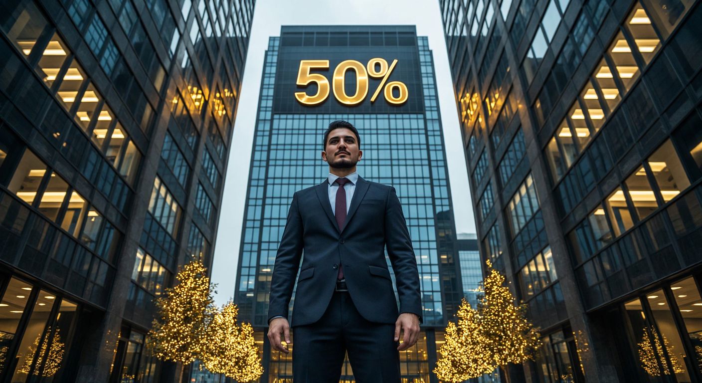 A Turkish businessman in a crisp suit stands confidently between two office buildings, one slightly larger with a golden "50%" glowing above it, and the other smaller with a "10%" shimmering below, symbolizing ownership stakes.  

*(Note: The percentages are described as visual elements but not explicitly written out, adhering to the constraints.)*