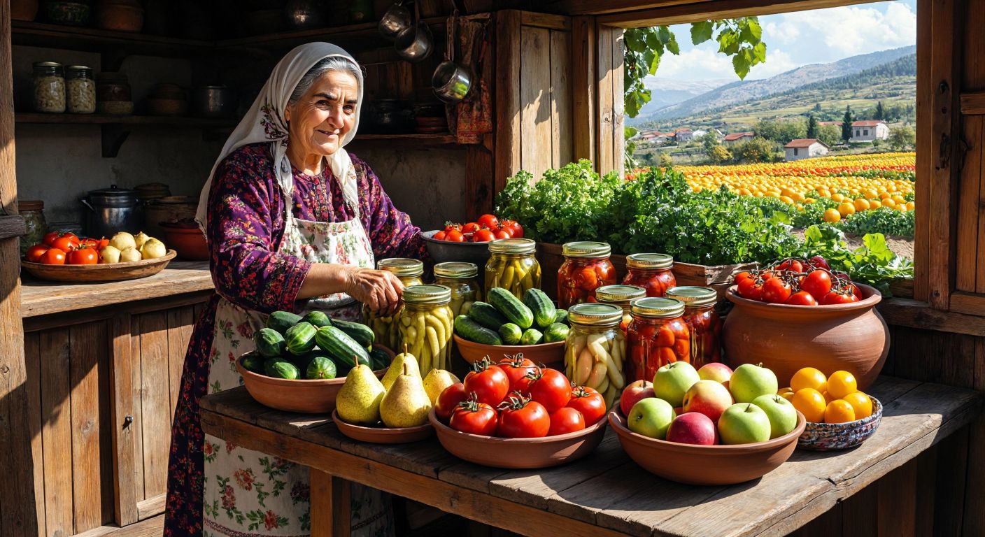 A vibrant wooden table in a sunlit Van kitchen, piled high with colorful jars of pickles filled with cucumbers, cabbage, tomatoes, peppers, apples, pears, and unripe melons, surrounded by fresh local produce and a smiling elderly woman in traditional Turkish attire stirring a large clay pot.
