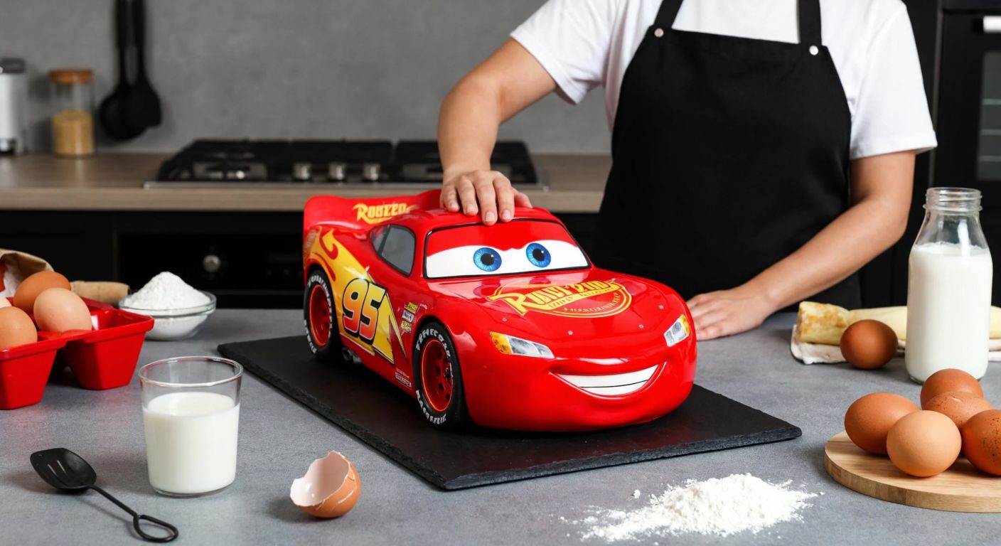 A vibrant red Lightning McQueen-shaped cake with glossy sugar fondant, placed on a kitchen counter surrounded by scattered baking ingredients like eggs, flour, and milk, with a smiling Turkish woman in an apron carefully smoothing the fondant.